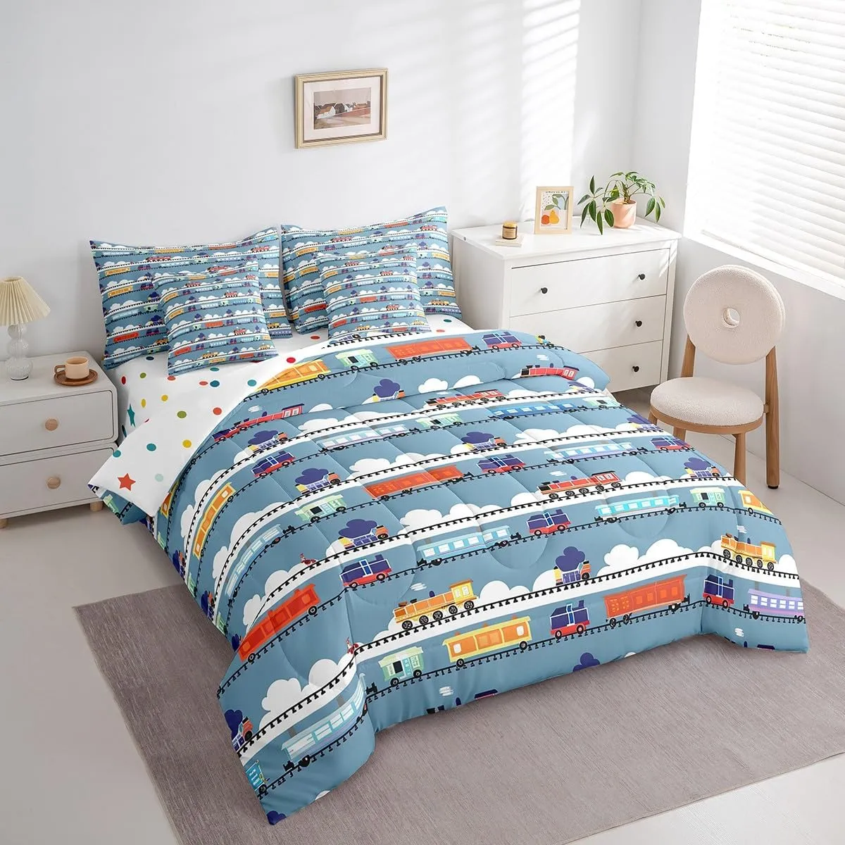 Cartoon Train Bed in a Bag 7 Pieces Steam Engine Bedding Set, Kids Car Theme Queen Size Comforter Set for Boys Girls Blue and White Bedding Comforter Sets, Equipped Construction Truck Tractor Bed Set