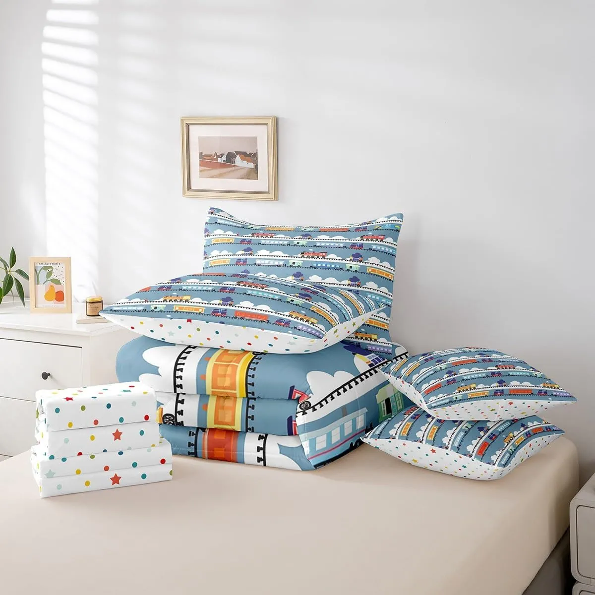 Cartoon Train Bed in a Bag 7 Pieces Steam Engine Bedding Set, Kids Car Theme Queen Size Comforter Set for Boys Girls Blue and White Bedding Comforter Sets, Equipped Construction Truck Tractor Bed Set