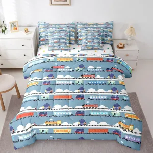 Cartoon Train Bed in a Bag 7 Pieces Steam Engine Bedding Set, Kids Car Theme Queen Size Comforter Set for Boys Girls Blue and White Bedding Comforter Sets, Equipped Construction Truck Tractor Bed Set