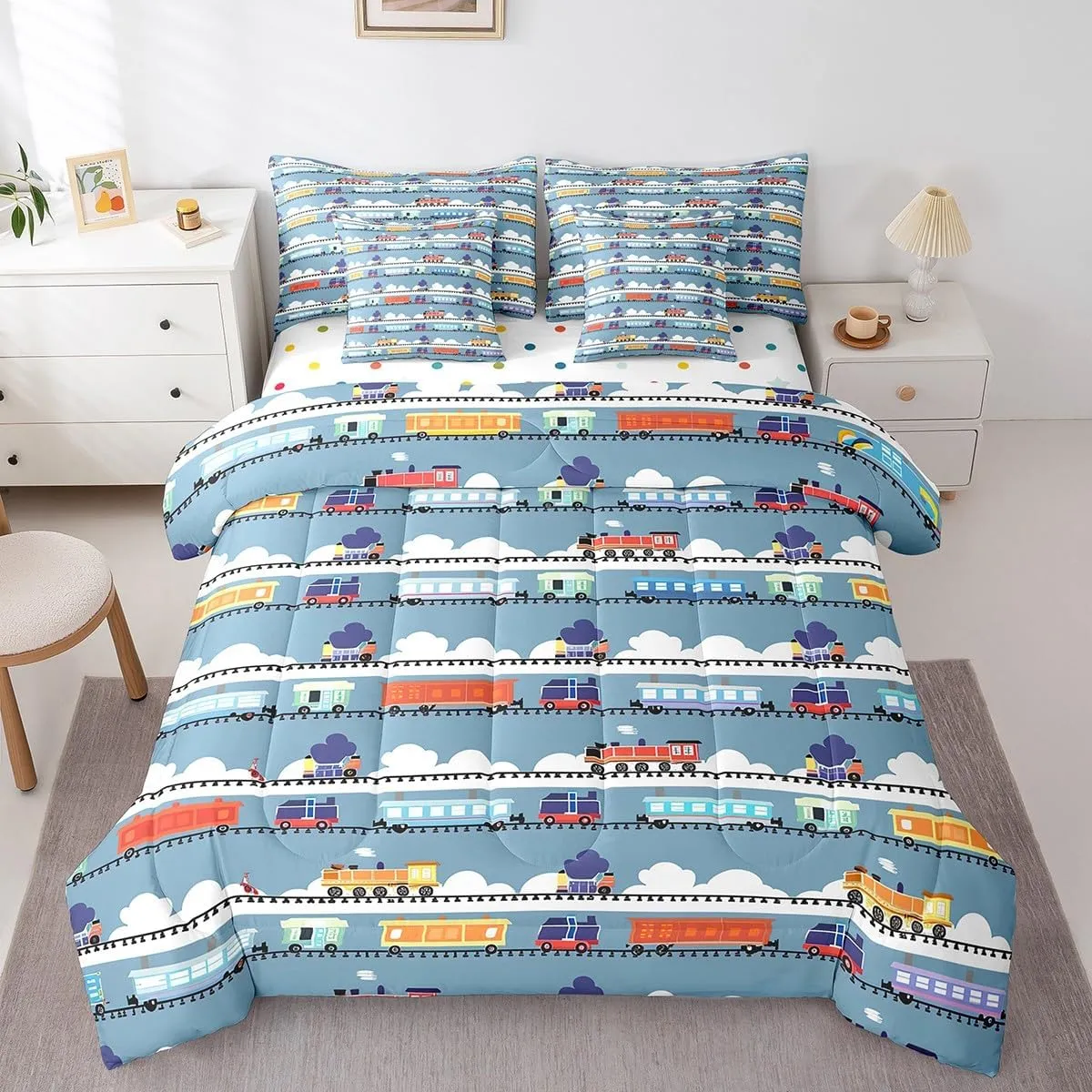 Cartoon Train Bed in a Bag 7 Pieces Steam Engine Bedding Set, Kids Car Theme Queen Size Comforter Set for Boys Girls Blue and White Bedding Comforter Sets, Equipped Construction Truck Tractor Bed Set