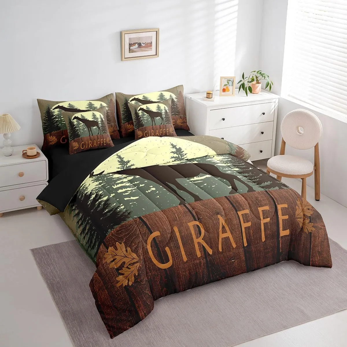 Castle Fairy Cute Rabbit Silhouette Comforter Set with Sheets Twin Size Lodge Cabin Jungle Rustic Style Bedding Sets for Kids Teens Adults Bedroom Dorm Decor All Season Lightweight Bed Set 7 Pcs
