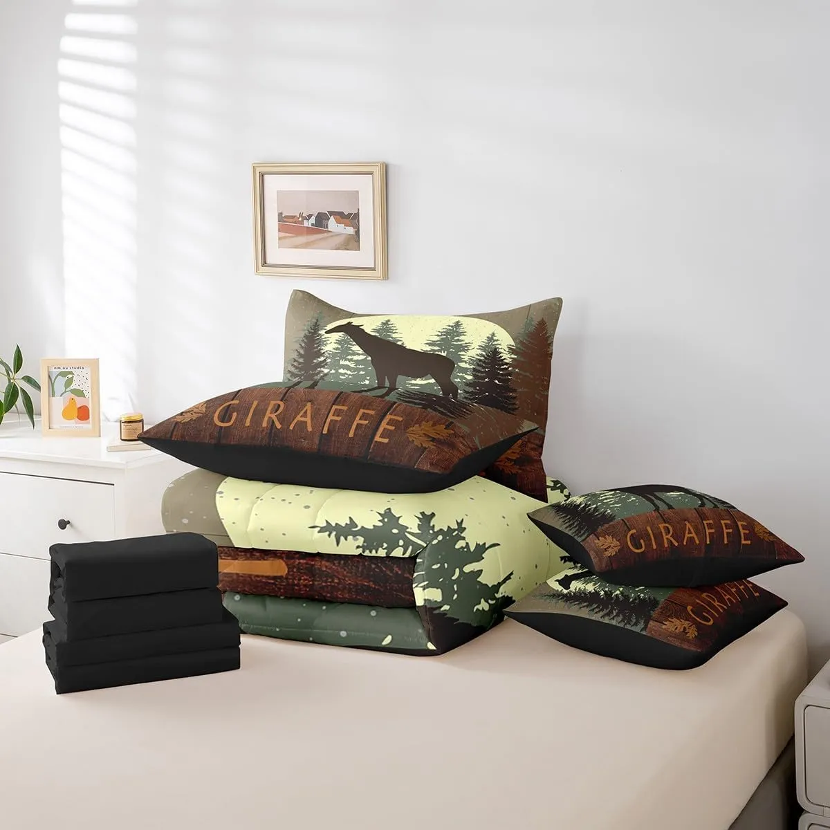 Castle Fairy Cute Rabbit Silhouette Comforter Set with Sheets Twin Size Lodge Cabin Jungle Rustic Style Bedding Sets for Kids Teens Adults Bedroom Dorm Decor All Season Lightweight Bed Set 7 Pcs