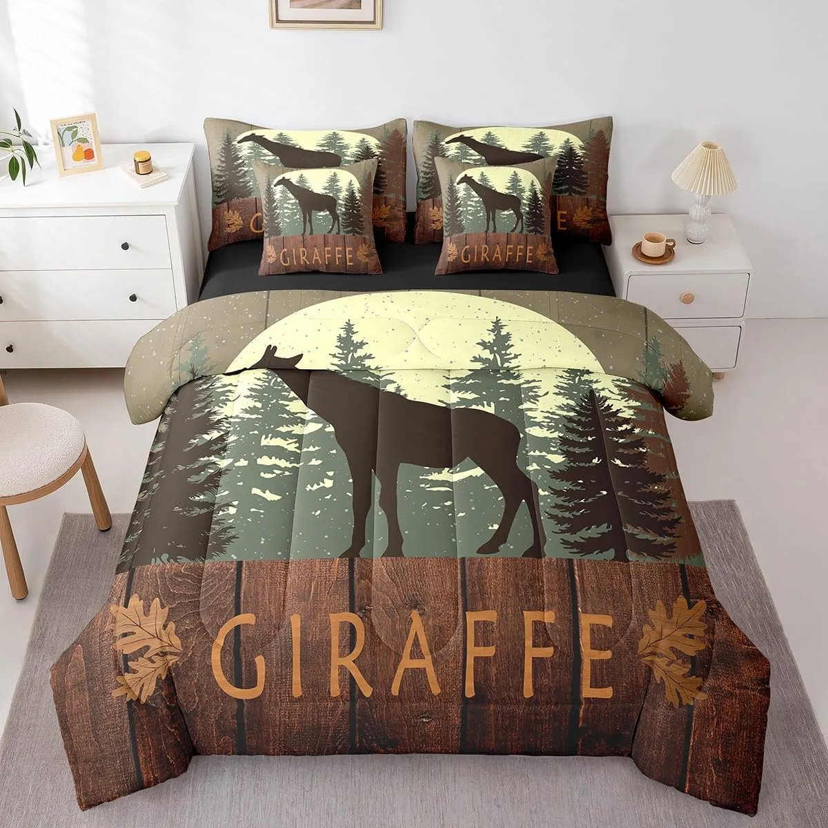 Castle Fairy Cute Rabbit Silhouette Comforter Set with Sheets Twin Size Lodge Cabin Jungle Rustic Style Bedding Sets for Kids Teens Adults Bedroom Dorm Decor All Season Lightweight Bed Set 7 Pcs