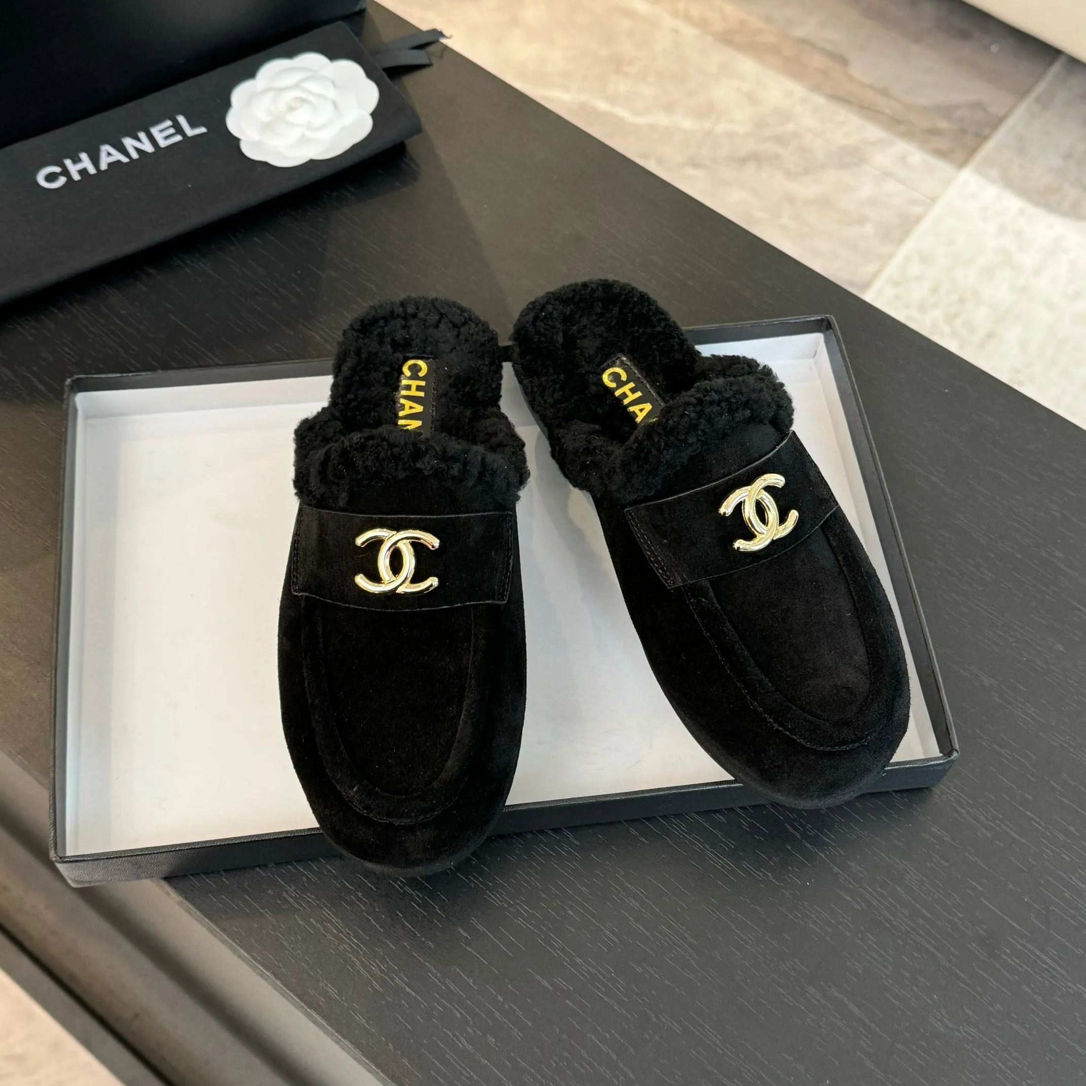 CC Mule Black Suede Lamb Wool