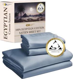 Certified Luxury 100% Pure Egyptian Cotton Cal King Bedding & Pillowcases Set, Deep Pocket Sateen Cooling Sheets for Hot Sleepers, California King Blue