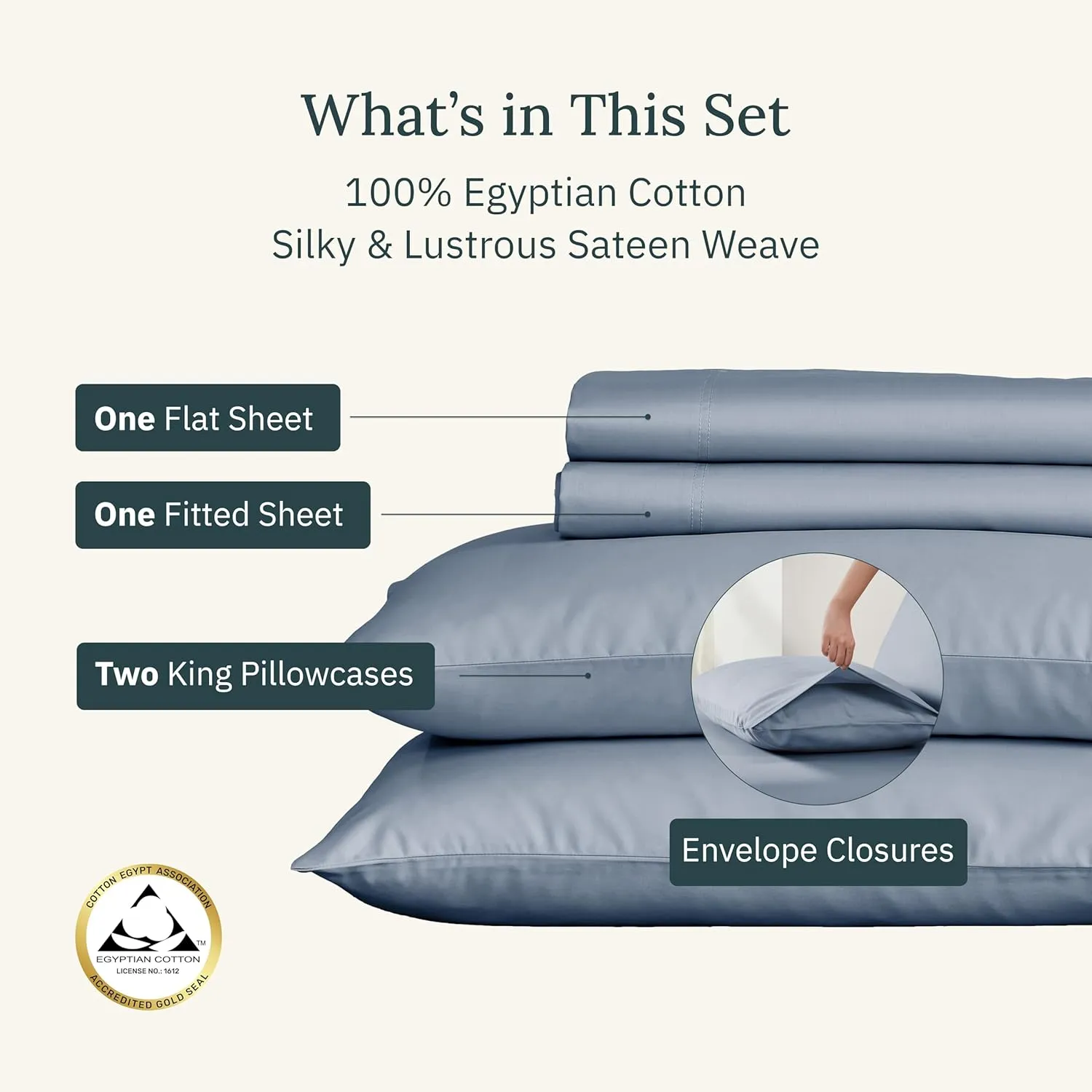 Certified Luxury 100% Pure Egyptian Cotton Cal King Bedding & Pillowcases Set, Deep Pocket Sateen Cooling Sheets for Hot Sleepers, California King Blue