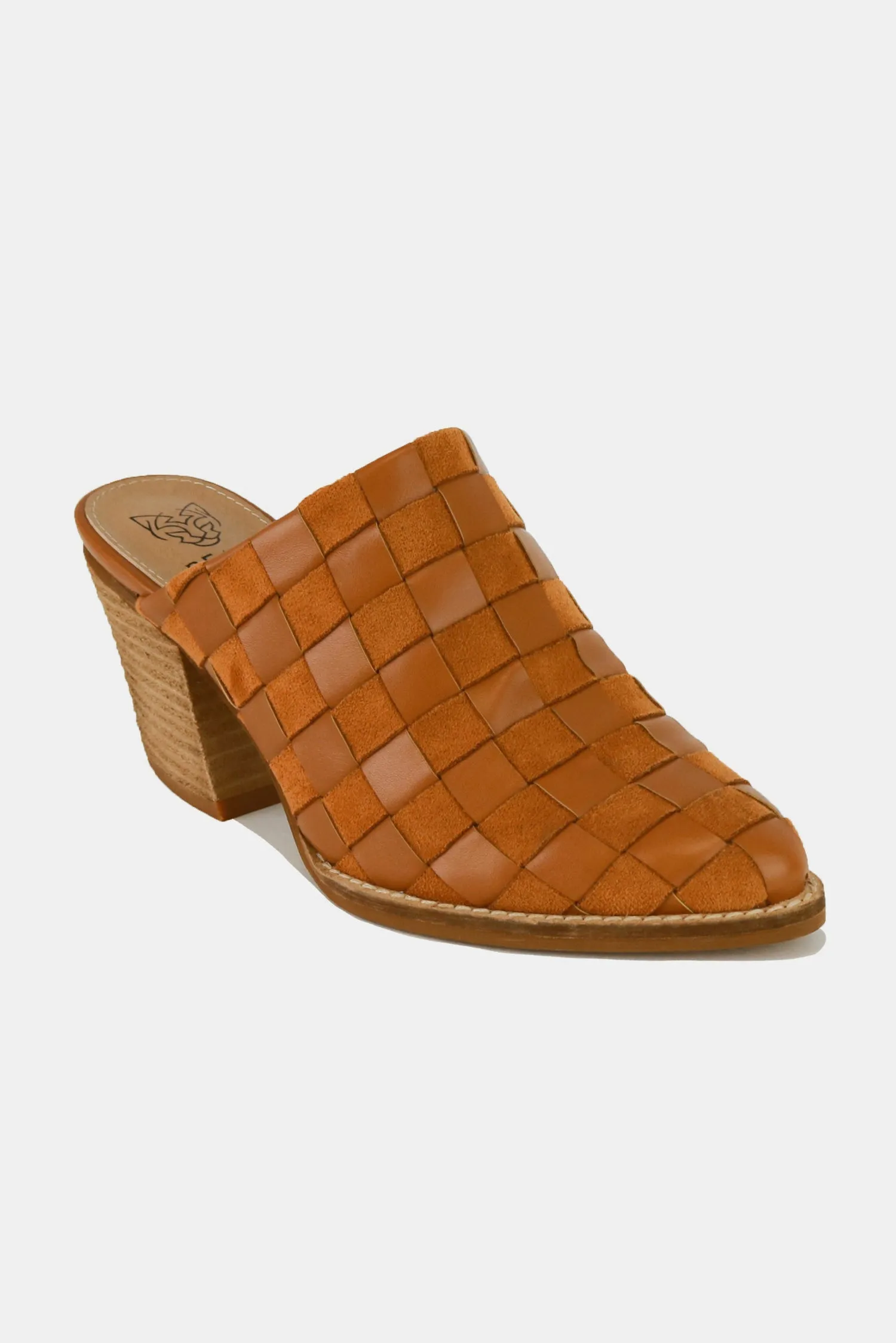 Clea Woven Checkerboard Block Heel Mule in Caramel
