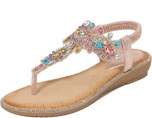 Comfortable Women's Sandals Summer Bohemian Rhinestone Beach Flip Flops Sandals Casual Flat Elastic Strap Sandals