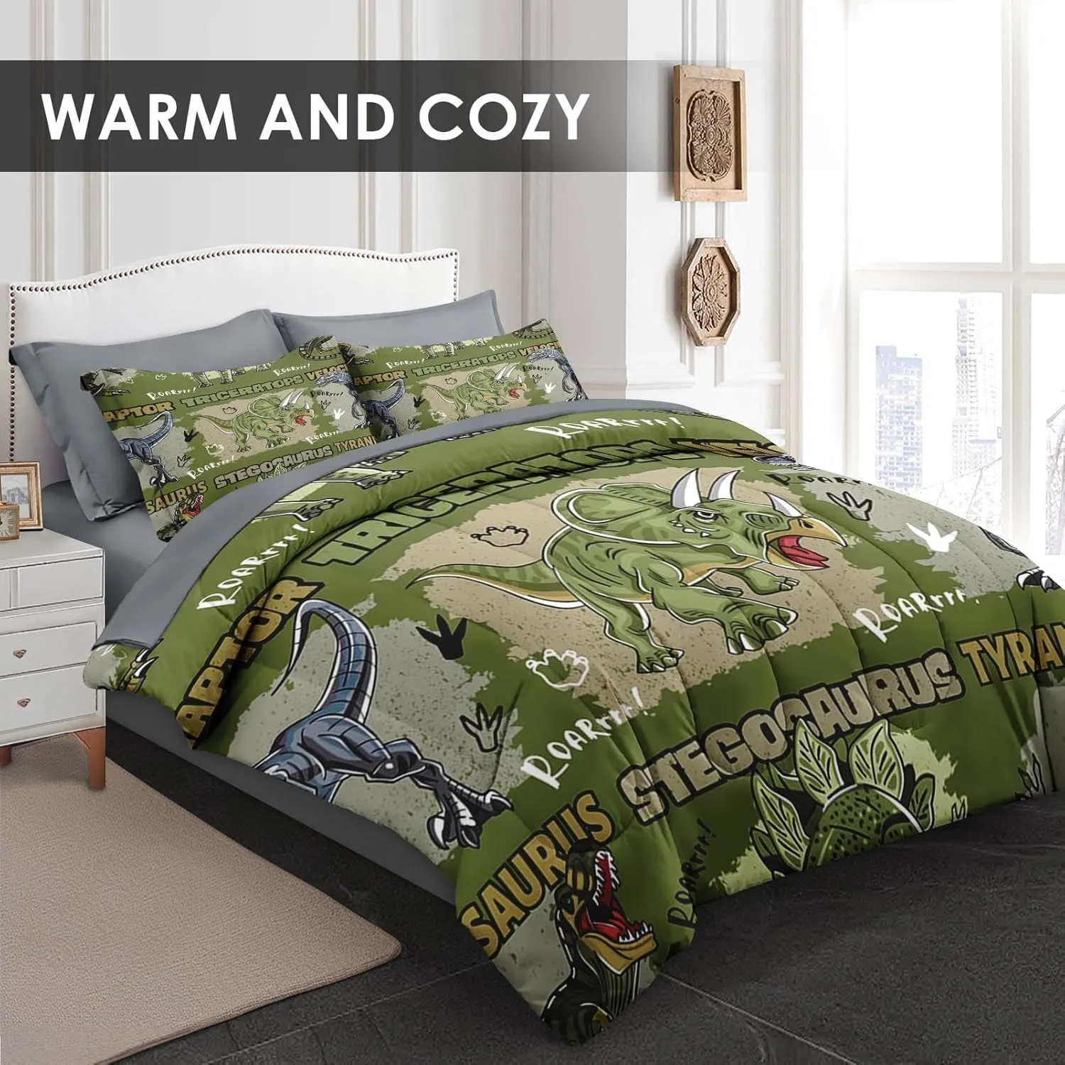 Comforter Set Full Size, Cool Cartoon Dinosaur 7 Pcs Bedding for Kids and Adults, Jungle Wildlife Animal Bed Sheet Sets with Fitted Sheet 2 Pillowcases & 2 Shams for Bedroom Bed Decor