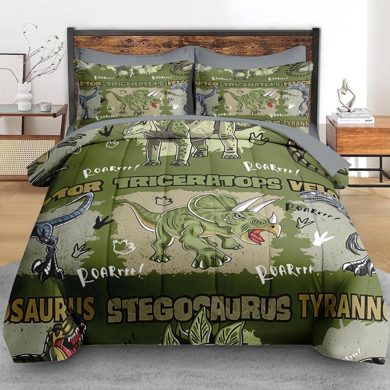 Comforter Set Full Size, Cool Cartoon Dinosaur 7 Pcs Bedding for Kids and Adults, Jungle Wildlife Animal Bed Sheet Sets with Fitted Sheet 2 Pillowcases & 2 Shams for Bedroom Bed Decor