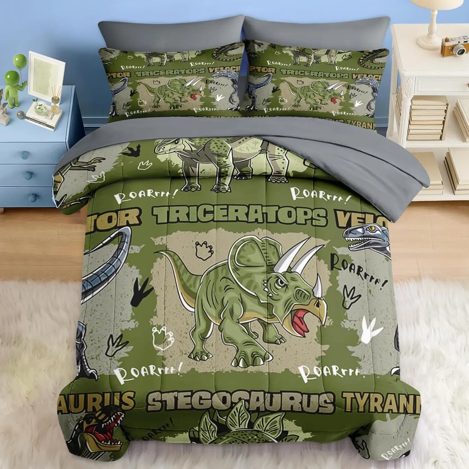 Comforter Set Full Size, Cool Cartoon Dinosaur 7 Pcs Bedding for Kids and Adults, Jungle Wildlife Animal Bed Sheet Sets with Fitted Sheet 2 Pillowcases & 2 Shams for Bedroom Bed Decor