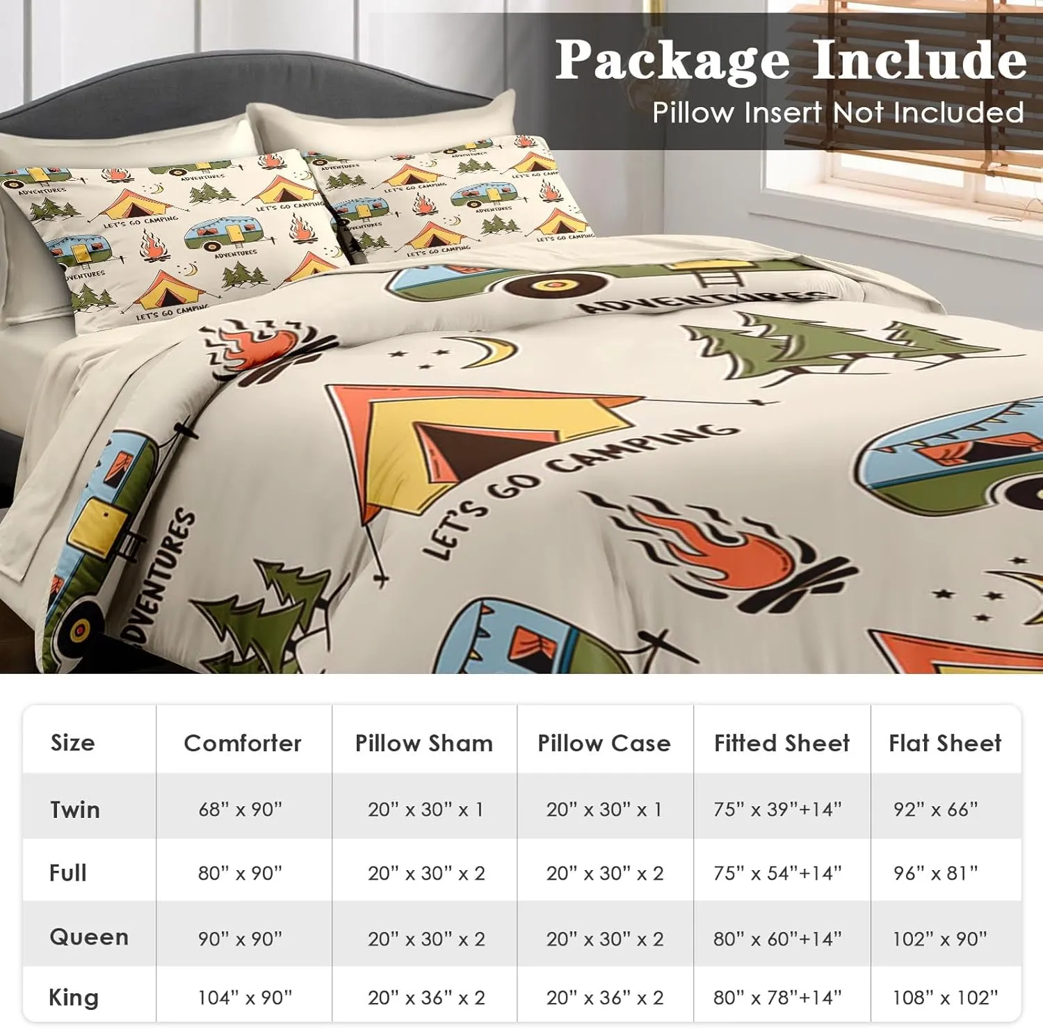 Comforter Set Full Size, Summer Camp Camper 7 Pcs Bedding for Kids and Adults, Camping Adventure Bed Sheet Sets with Fitted Sheet 2 Pillowcases & 2 Shams for Bedroom Bed Decor