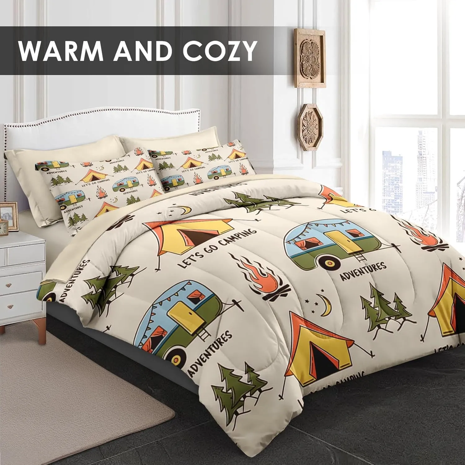 Comforter Set Full Size, Summer Camp Camper 7 Pcs Bedding for Kids and Adults, Camping Adventure Bed Sheet Sets with Fitted Sheet 2 Pillowcases & 2 Shams for Bedroom Bed Decor