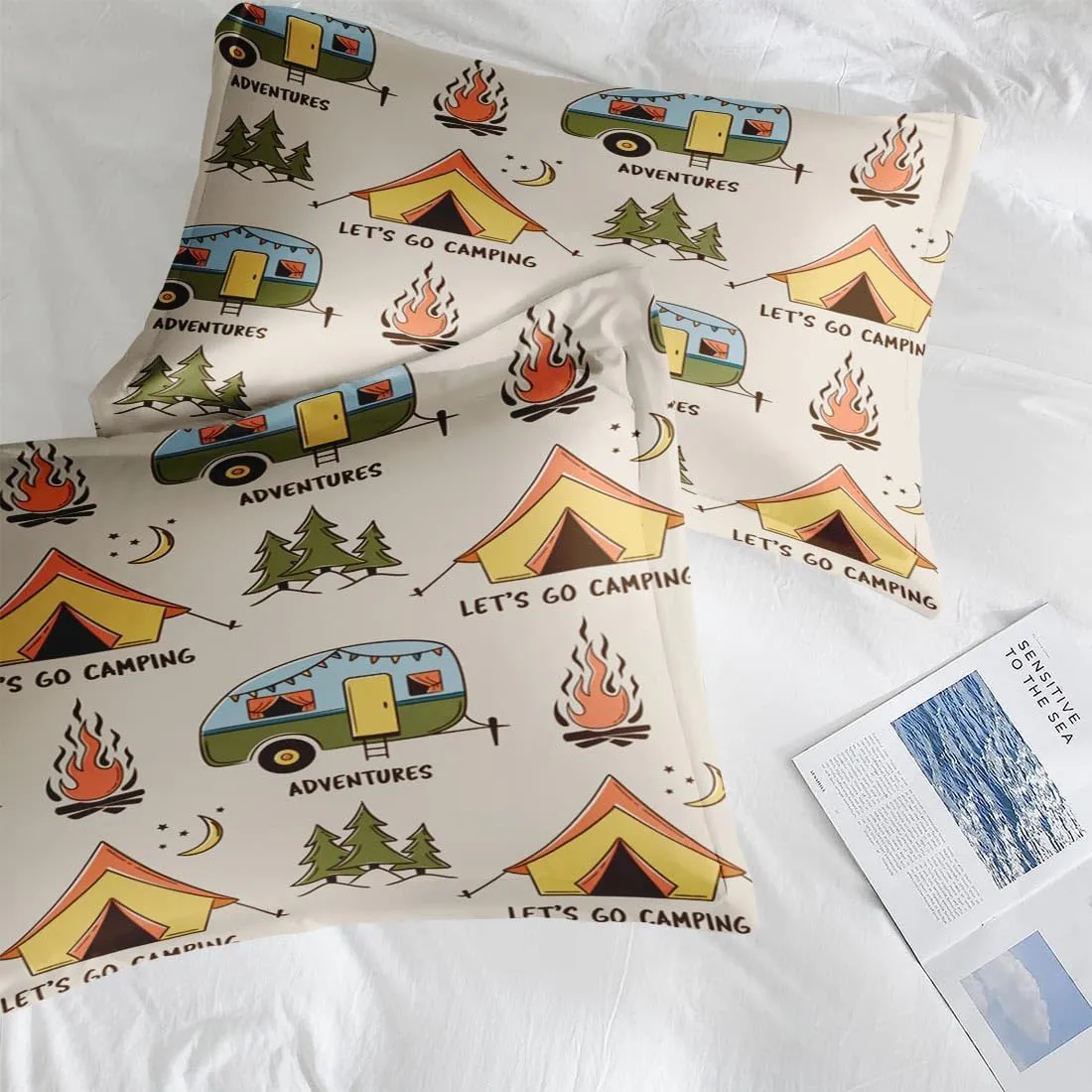 Comforter Set Full Size, Summer Camp Camper 7 Pcs Bedding for Kids and Adults, Camping Adventure Bed Sheet Sets with Fitted Sheet 2 Pillowcases & 2 Shams for Bedroom Bed Decor