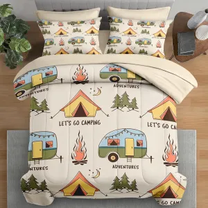 Comforter Set Full Size, Summer Camp Camper 7 Pcs Bedding for Kids and Adults, Camping Adventure Bed Sheet Sets with Fitted Sheet 2 Pillowcases & 2 Shams for Bedroom Bed Decor