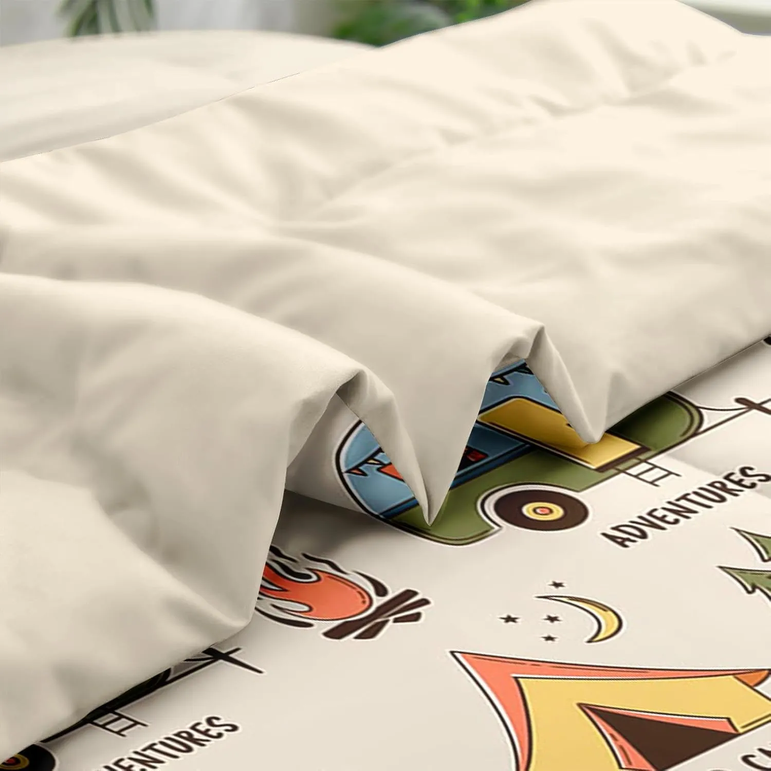 Comforter Set Full Size, Summer Camp Camper 7 Pcs Bedding for Kids and Adults, Camping Adventure Bed Sheet Sets with Fitted Sheet 2 Pillowcases & 2 Shams for Bedroom Bed Decor