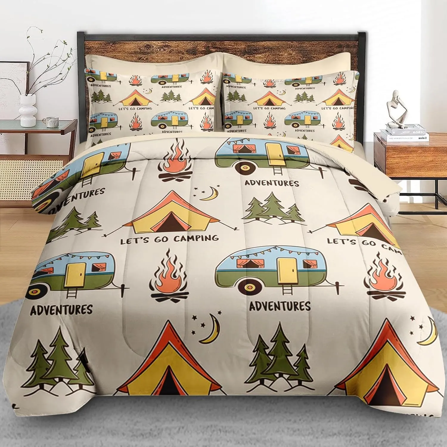 Comforter Set Full Size, Summer Camp Camper 7 Pcs Bedding for Kids and Adults, Camping Adventure Bed Sheet Sets with Fitted Sheet 2 Pillowcases & 2 Shams for Bedroom Bed Decor