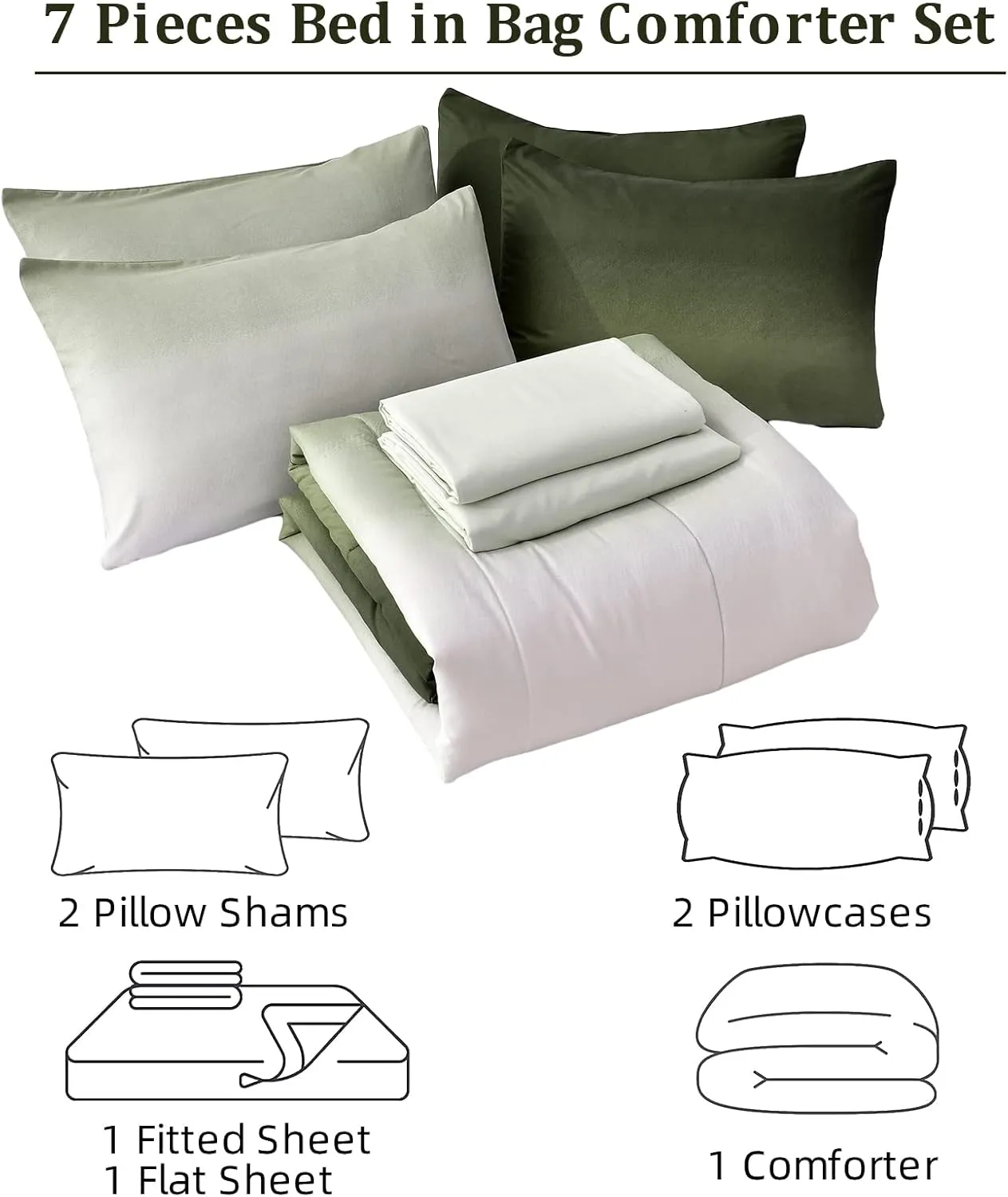 Comforter Set Queen Green 7 Pieces Gradient Olive Green Lightweight Bed in a Bag Queen Size Set, All Season Complete Bedding Set with Flat/Fitted Sheet, Pillowcases Pillow Shams