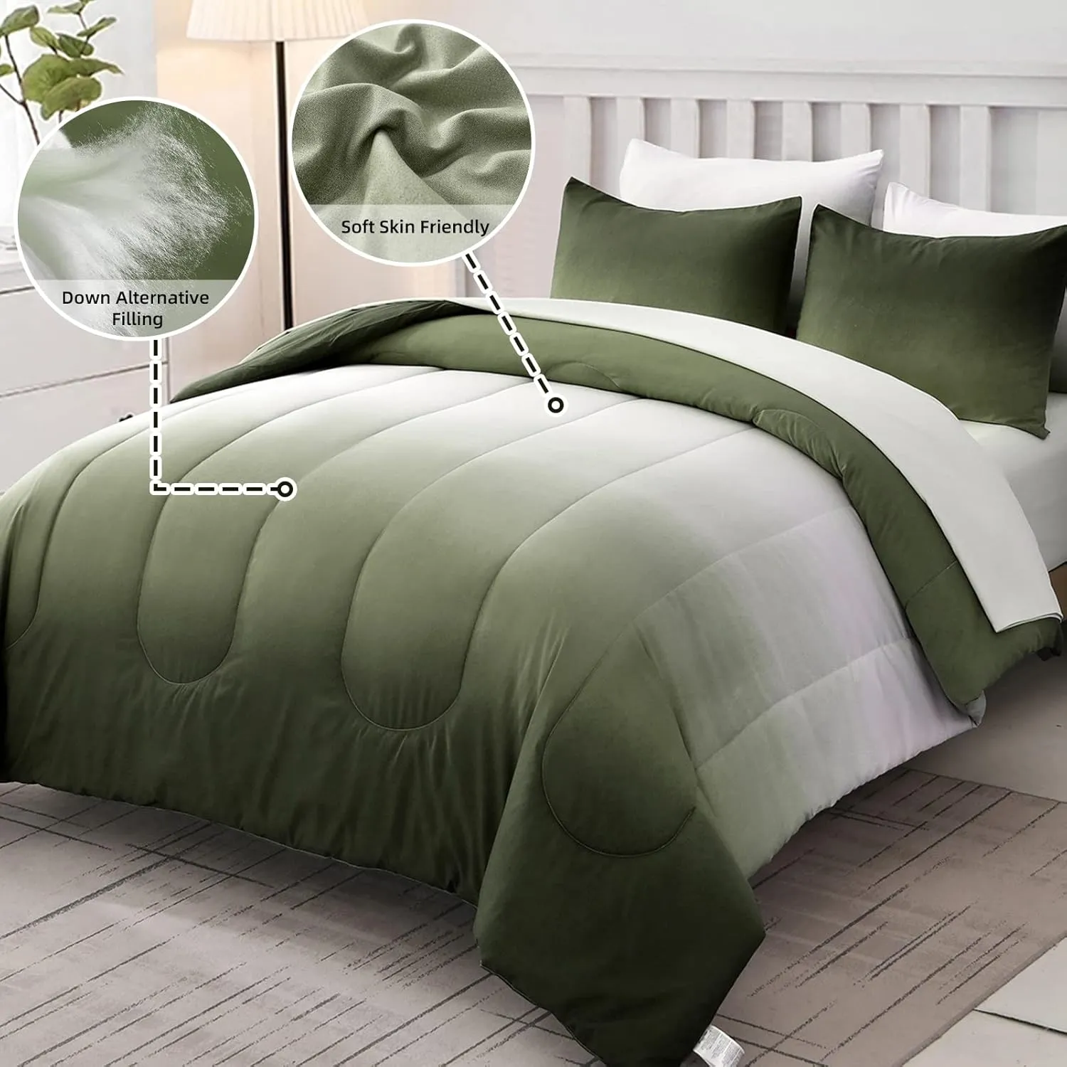 Comforter Set Queen Green 7 Pieces Gradient Olive Green Lightweight Bed in a Bag Queen Size Set, All Season Complete Bedding Set with Flat/Fitted Sheet, Pillowcases Pillow Shams