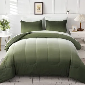 Comforter Set Queen Green 7 Pieces Gradient Olive Green Lightweight Bed in a Bag Queen Size Set, All Season Complete Bedding Set with Flat/Fitted Sheet, Pillowcases Pillow Shams