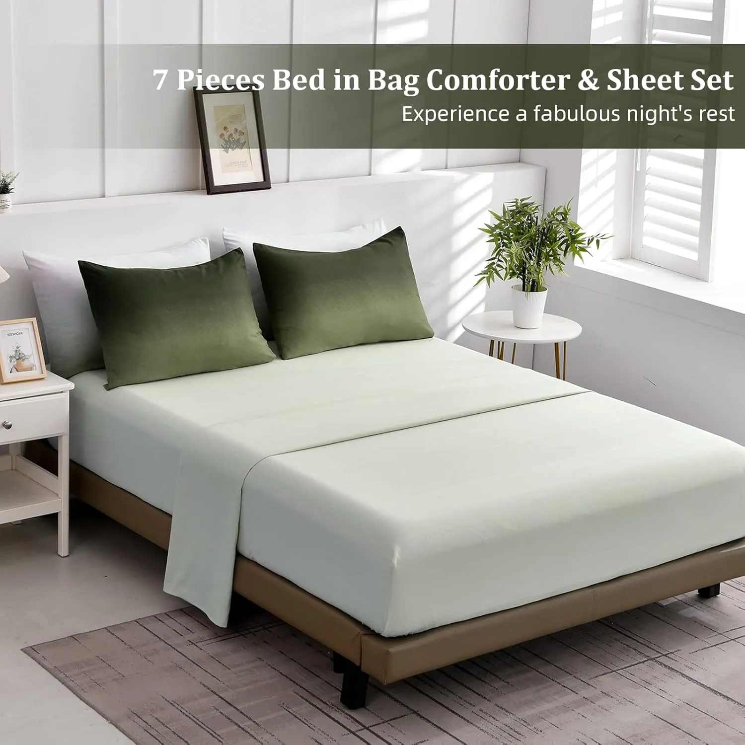 Comforter Set Queen Green 7 Pieces Gradient Olive Green Lightweight Bed in a Bag Queen Size Set, All Season Complete Bedding Set with Flat/Fitted Sheet, Pillowcases Pillow Shams