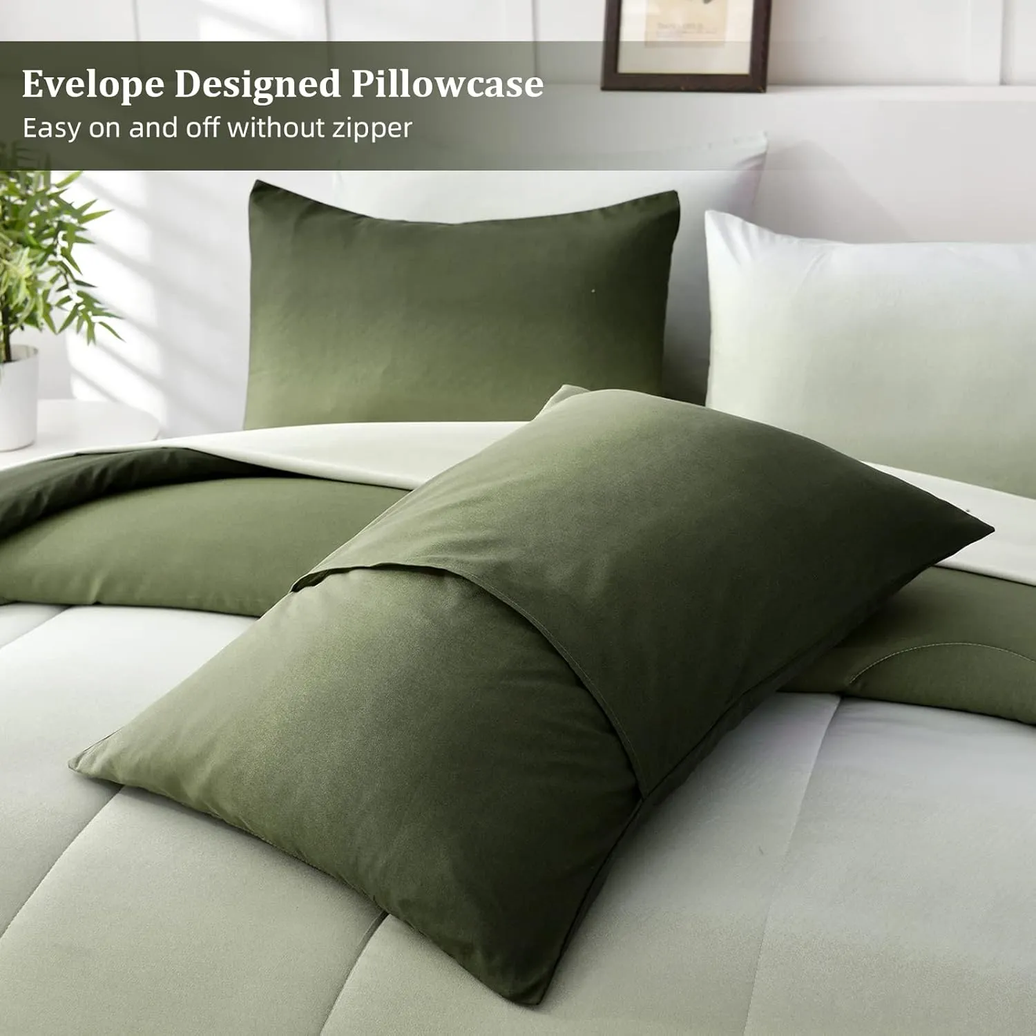 Comforter Set Queen Green 7 Pieces Gradient Olive Green Lightweight Bed in a Bag Queen Size Set, All Season Complete Bedding Set with Flat/Fitted Sheet, Pillowcases Pillow Shams
