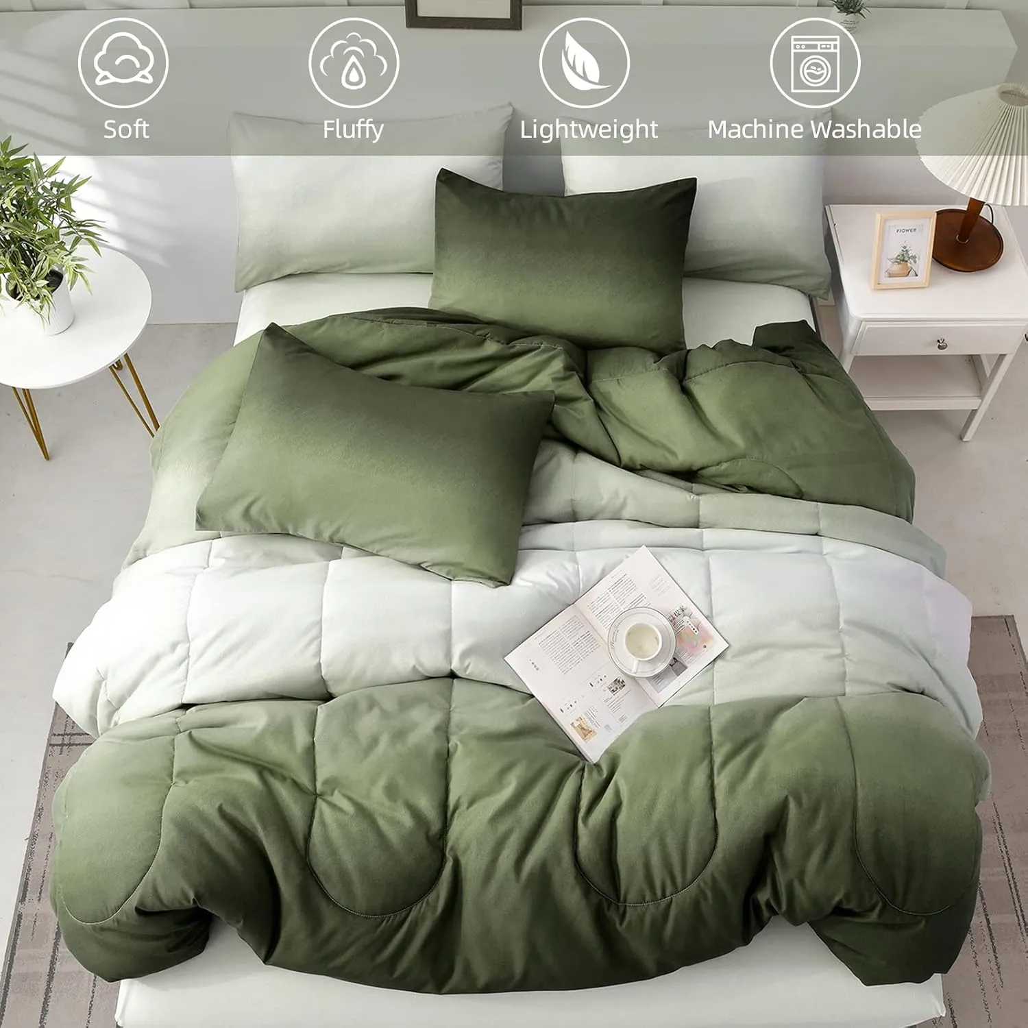 Comforter Set Queen Green 7 Pieces Gradient Olive Green Lightweight Bed in a Bag Queen Size Set, All Season Complete Bedding Set with Flat/Fitted Sheet, Pillowcases Pillow Shams