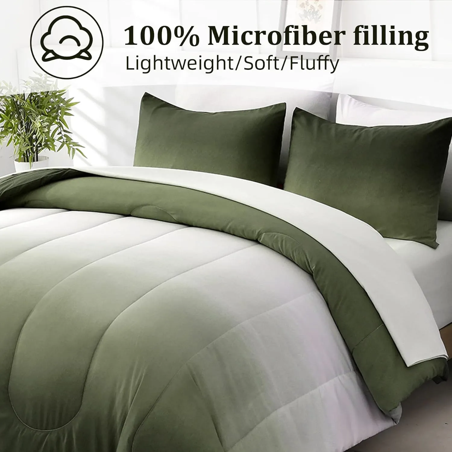 Comforter Set Queen Green 7 Pieces Gradient Olive Green Lightweight Bed in a Bag Queen Size Set, All Season Complete Bedding Set with Flat/Fitted Sheet, Pillowcases Pillow Shams