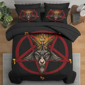 Comforter Set Queen Size, Baphomet Red Pentagram 7 Pcs Bedding for Kids and Adults, Vintage Halloween Goat Black Bed Sheet Sets with Fitted Sheet 2 Pillowcase & 2 Sham for Bedroom Bed Decor