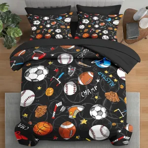 Comforter Set Queen Size, Basketball Football Baseball 7 Pcs Bedding for Kids and Adults, Hockey Sport Bed Sheet Sets with Fitted Sheet 2 Pillowcases & 2 Shams for Bedroom Bed Decor
