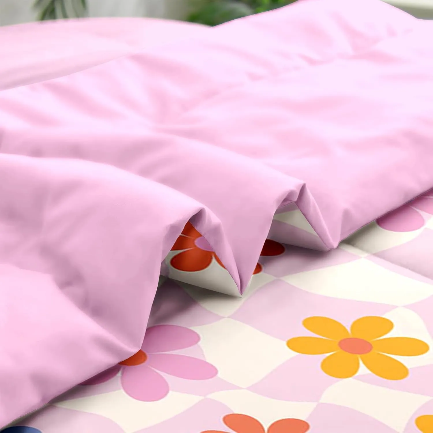 Comforter Set Queen Size, Retro Daisy Pink 7 Pcs Bedding for Kids and Adults, Hippie Aesthetic Kids Bed Sheet Sets with Fitted Sheet 2 Pillowcases & 2 Shams for Bedroom Bed Decor