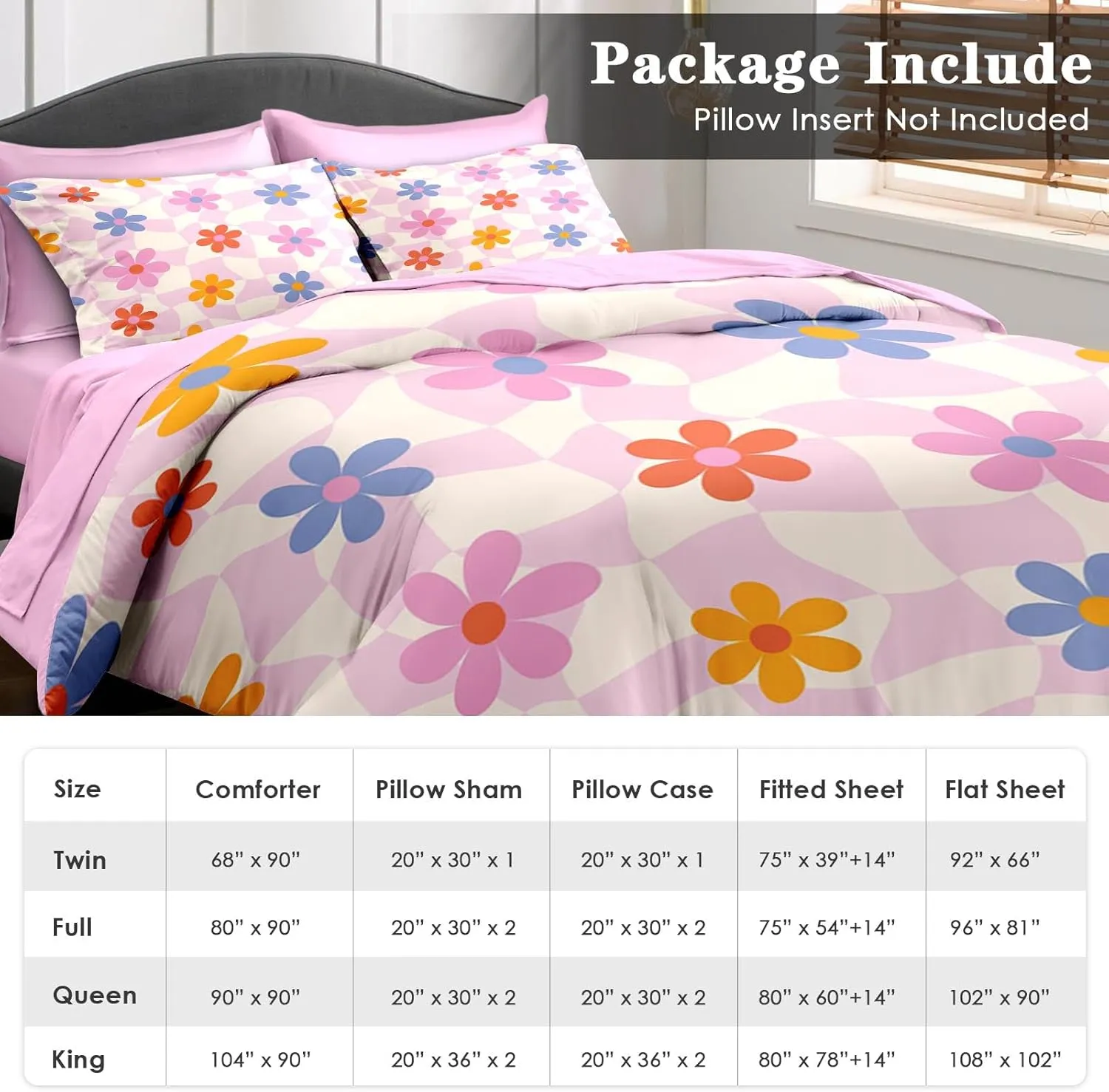 Comforter Set Queen Size, Retro Daisy Pink 7 Pcs Bedding for Kids and Adults, Hippie Aesthetic Kids Bed Sheet Sets with Fitted Sheet 2 Pillowcases & 2 Shams for Bedroom Bed Decor