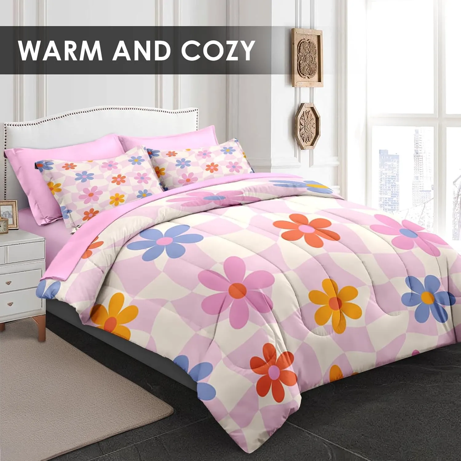 Comforter Set Queen Size, Retro Daisy Pink 7 Pcs Bedding for Kids and Adults, Hippie Aesthetic Kids Bed Sheet Sets with Fitted Sheet 2 Pillowcases & 2 Shams for Bedroom Bed Decor