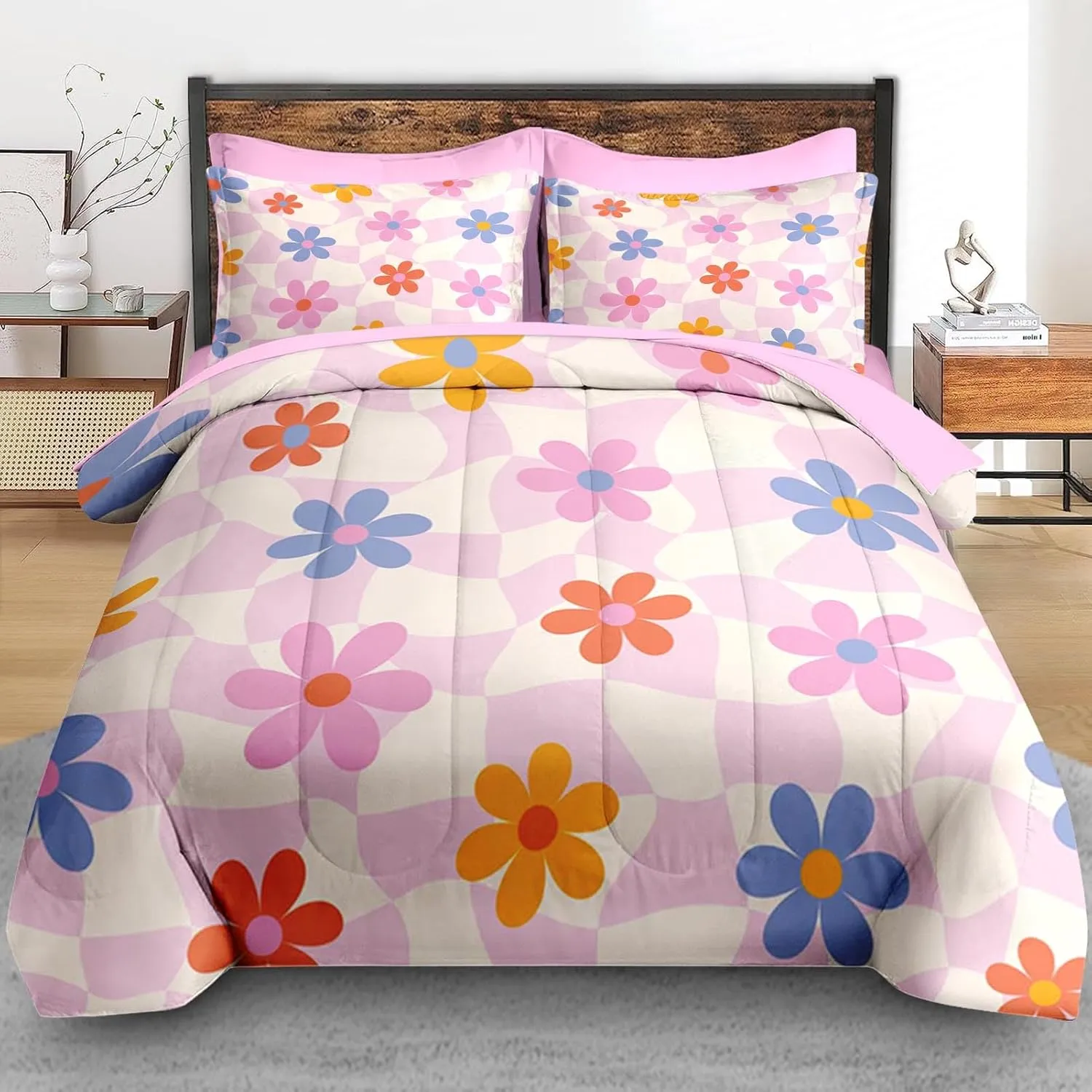 Comforter Set Queen Size, Retro Daisy Pink 7 Pcs Bedding for Kids and Adults, Hippie Aesthetic Kids Bed Sheet Sets with Fitted Sheet 2 Pillowcases & 2 Shams for Bedroom Bed Decor