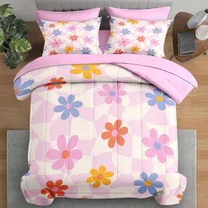 Comforter Set Queen Size, Retro Daisy Pink 7 Pcs Bedding for Kids and Adults, Hippie Aesthetic Kids Bed Sheet Sets with Fitted Sheet 2 Pillowcases & 2 Shams for Bedroom Bed Decor