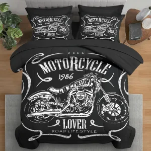 Comforter Set Queen Size, Vintage Motorcycle Rider Boys 7 Pcs Bedding for Kids and Adults, Retro Motorbike Black Bed Sheet Sets with Fitted Sheet 2 Pillowcase & 2 Sham for Bedroom Bed Decor