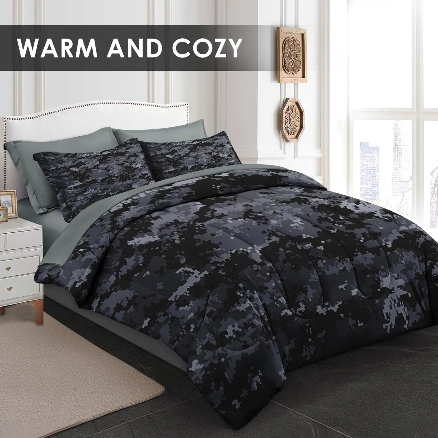 Comforter Set Twin Size, Camouflage Camo Military 5 Pcs Bedding for Kids and Adults, Navy Army Desert Bed Sheet Sets with Fitted Sheet Pillowcases & Shams for Bedroom Bed Decor