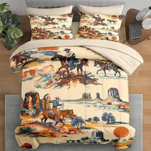 Comforter Set Twin Size, Desert West Horse Sunset 5 Pcs Bedding for Kids and Adults, Vintage Western Cowboy Bed Sheet Sets with Fitted Sheet Pillowcase & Sham for Bedroom Bed Decor