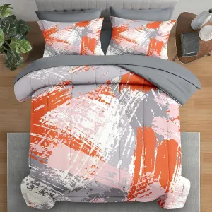 Comforter Set Twin Size, Urban Graffiti Orange Grey 5 Pcs Bedding for Kids and Adults, Abstract Paint Line Bed Sheet Sets with Fitted Sheet Pillowcase & Sham for Bedroom Bed Decor