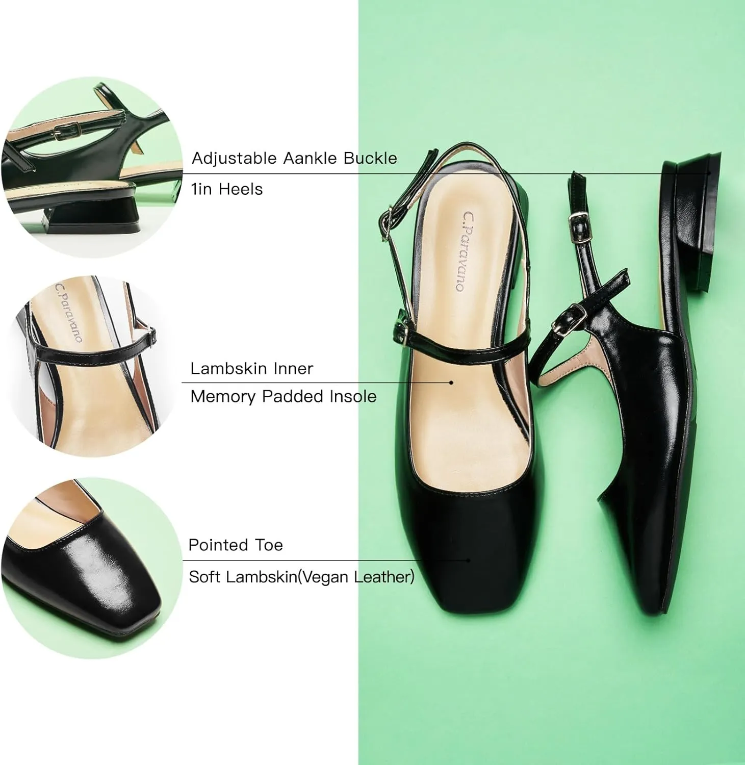 C.Paravano Women's Slingback Flats | Square Toe Slingback Flats for Women | Block Heel Sandals