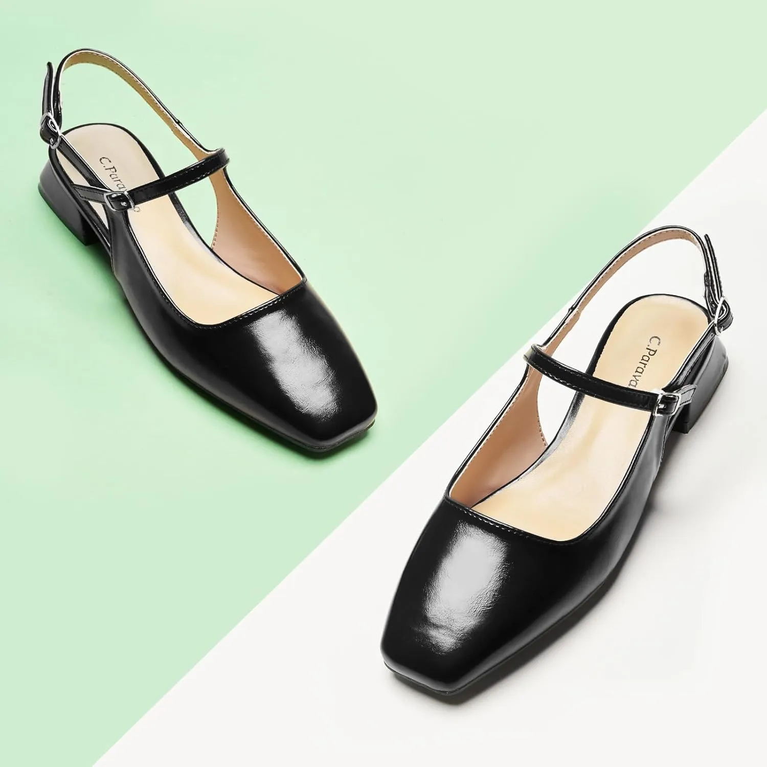 C.Paravano Women's Slingback Flats | Square Toe Slingback Flats for Women | Block Heel Sandals