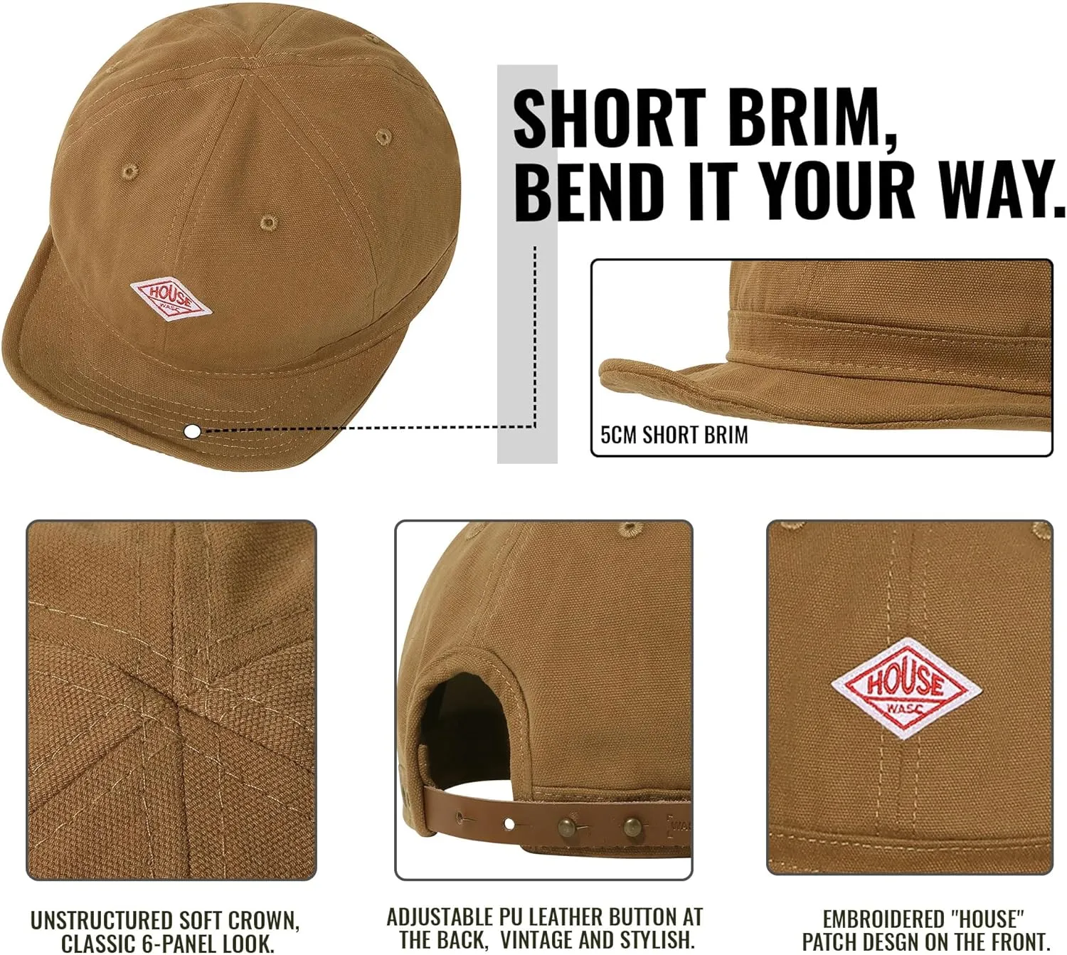 Croogo Soft Short Brim Baseball Cap Cotton Trucker Hat Men Adjustable Flat Strapback Dad Hats Flip Up Short Bill Cap Unisex