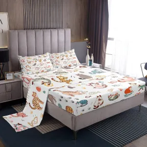 Cute Cat Sheet Set Full Size Watercolor Pet Animals Theme Bedding Set 4Pcs Kids Girls Boys Women Bedroom Decor Cartoon Cat Paw Fish Print Bed Sheet Soft White Fitted   Flat Sheet,2 Pillowcases