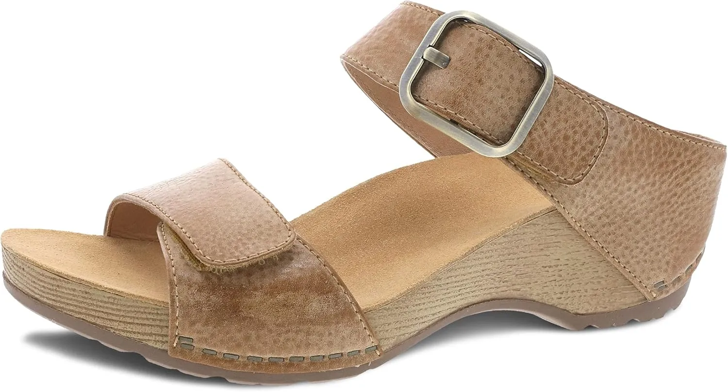 Dansko Tanya Slip-On Wedge Sandal for Women – Cushioned, Contoured Footbed for All-Day Comfort and Support – Hook & Loop Strap with Buckle Detail – Lightweight Rubber Outsole