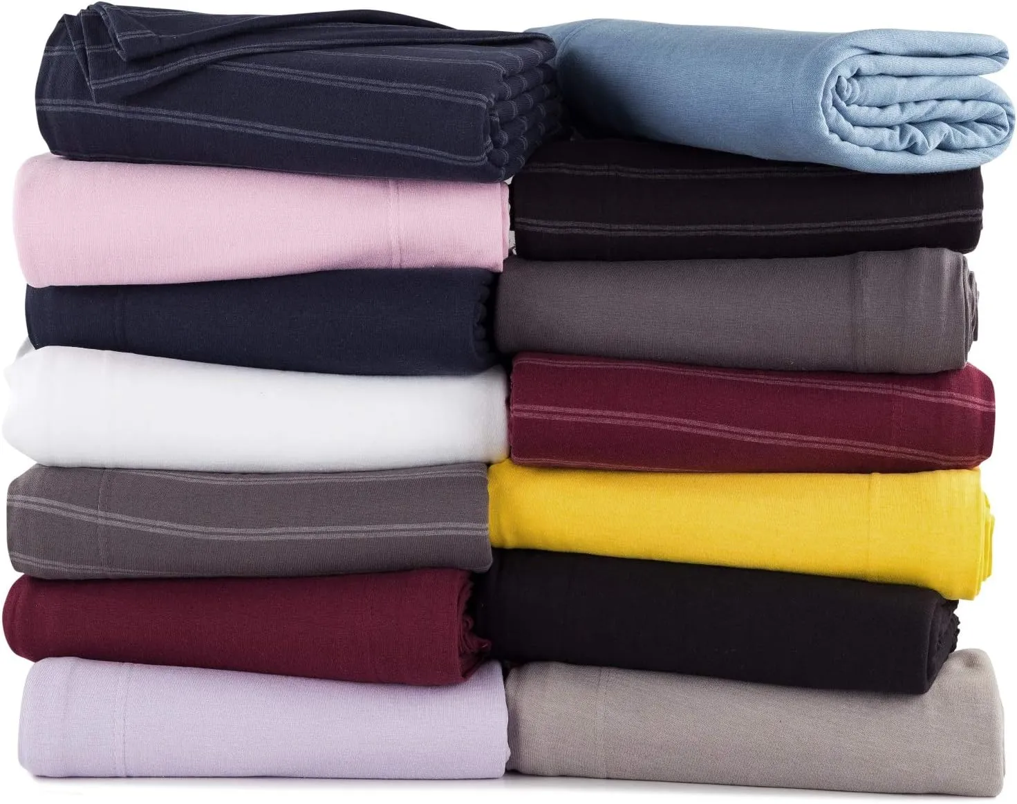 DELANNA Jersey Knit Fitted Sheet Soft Breathable T-Shirt Weave Bottom Sheet Only (NAVY STRIPE, QUEEN)