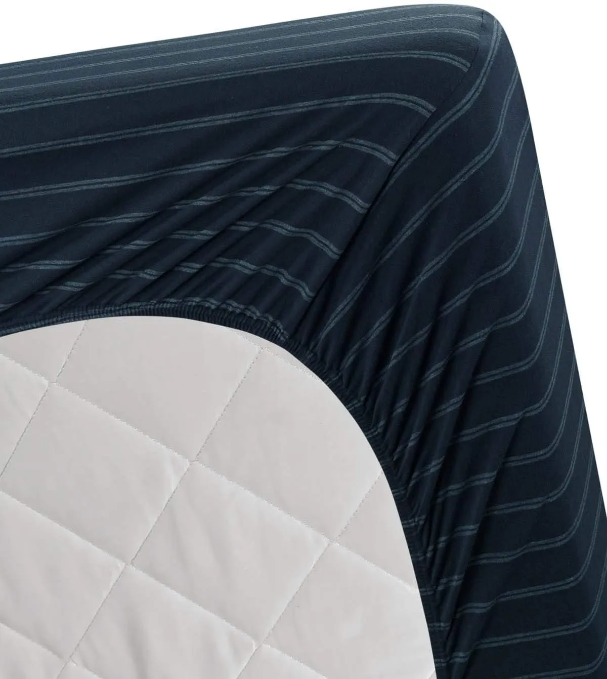 DELANNA Jersey Knit Fitted Sheet Soft Breathable T-Shirt Weave Bottom Sheet Only (NAVY STRIPE, QUEEN)