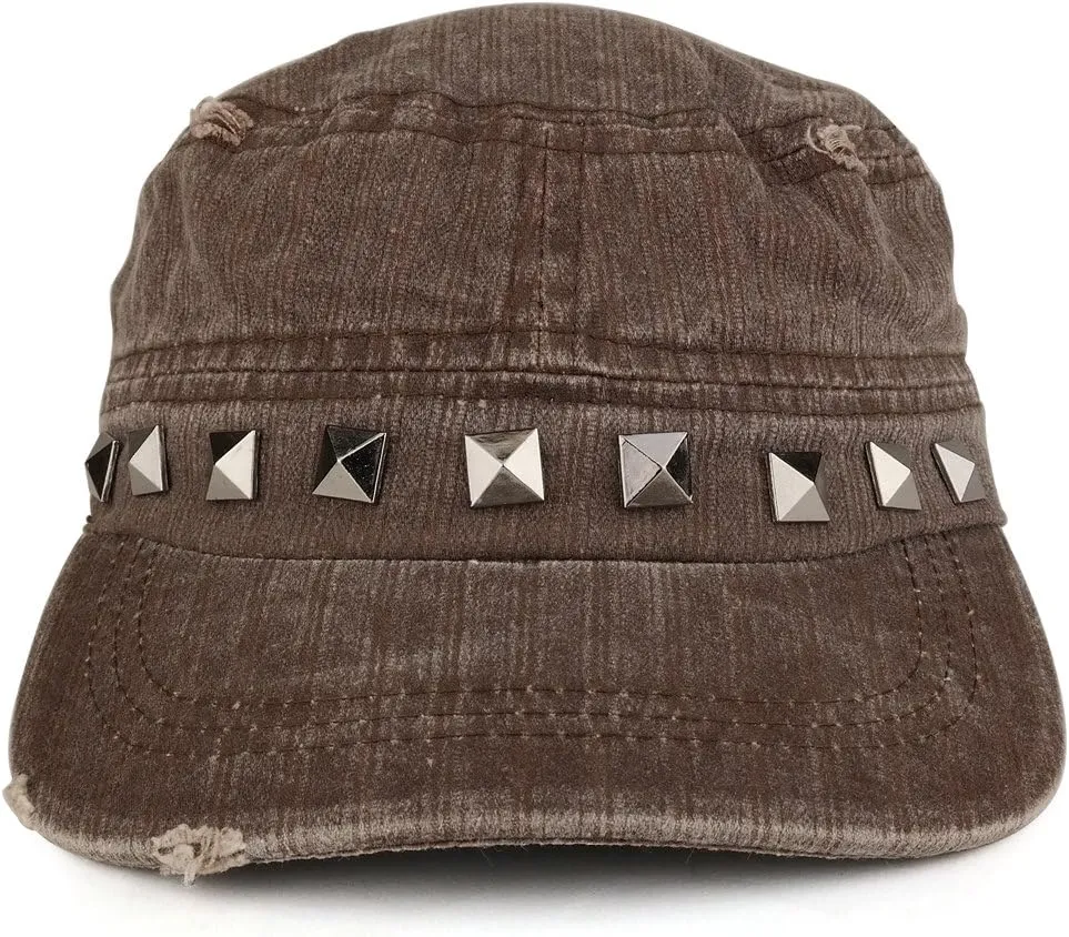 Distressed Flat Top Metallic Studded Frayed Cadet Style Army Cap