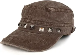 Distressed Flat Top Metallic Studded Frayed Cadet Style Army Cap