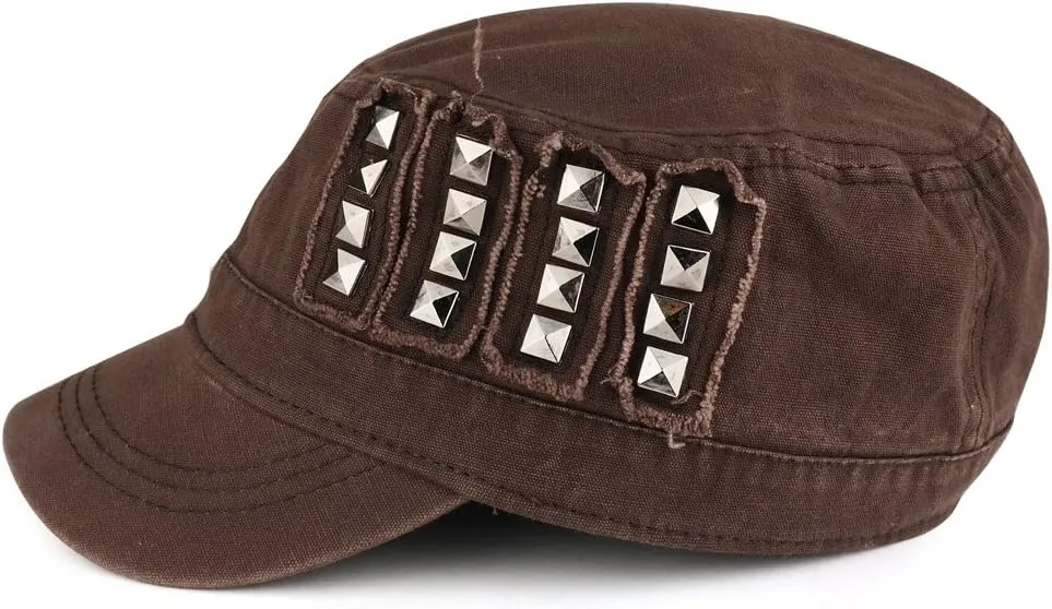 Distressed Flat Top Metallic Studded Frayed Cadet Style Army Cap