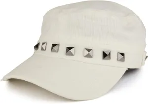 Distressed Flat Top Metallic Studded Frayed Cadet Style Army Cap